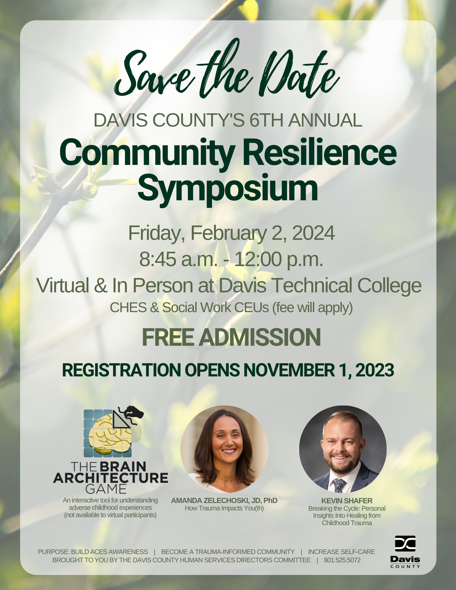 Save the Date, Davis County 6th Annual Resilience Symposium (February 2, 2024) at Davis Technical College in Kaysville, 8:45 a.m. to 12 p.m. Registration opens November 1st