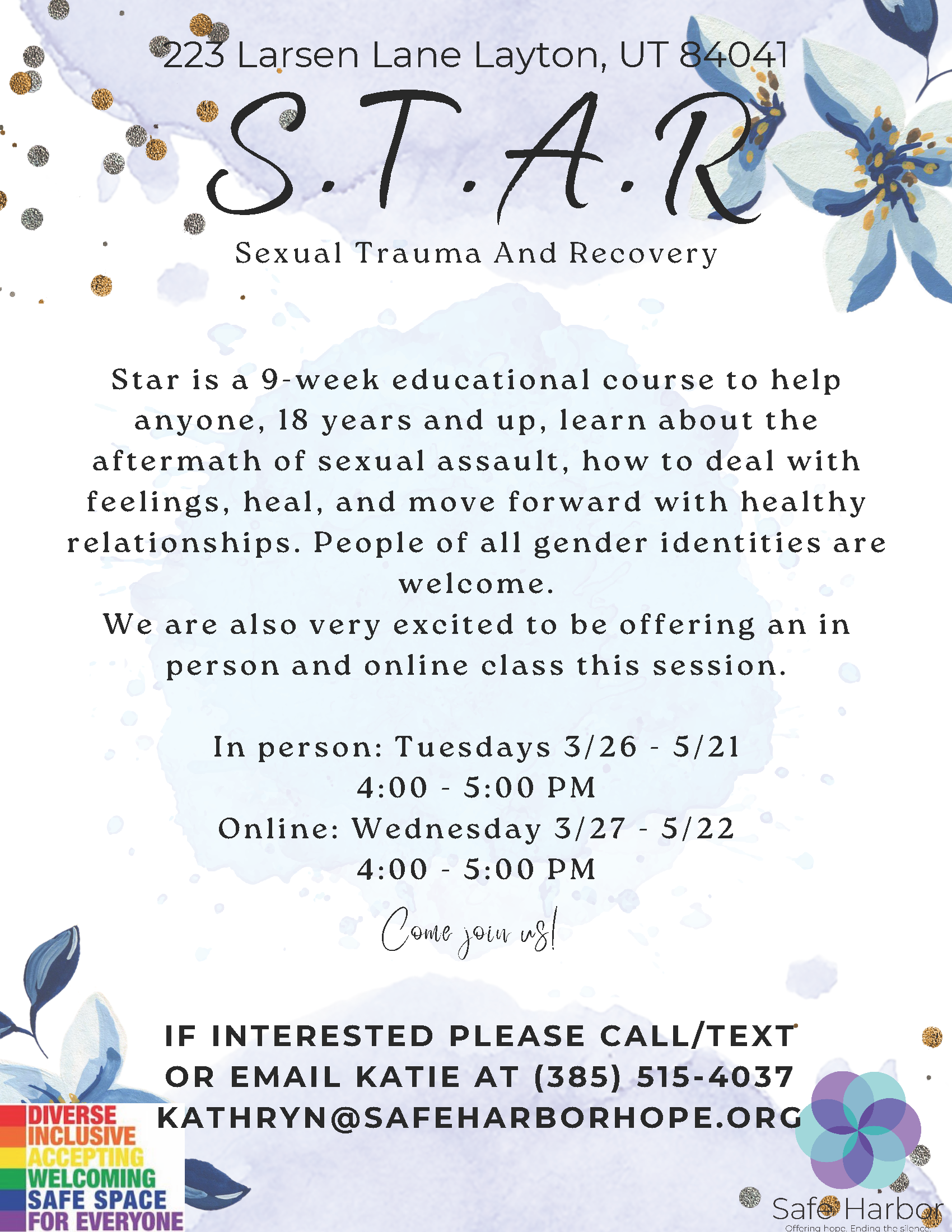 Adult Sexual Trauma And Recovery (S.T.A.R.) 9-week courses (one is online and the other in person) starting at the end of March